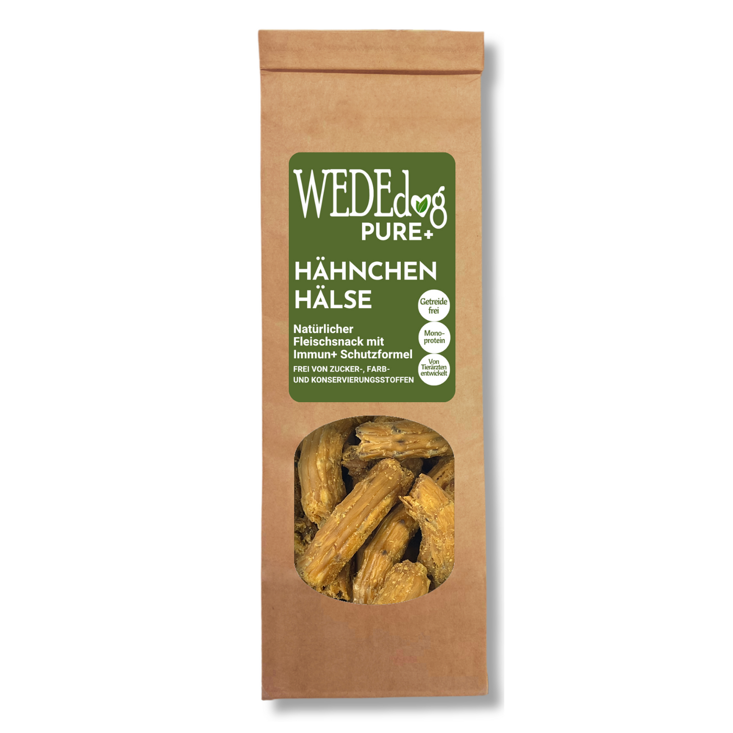 Getrocknete Hähnchenhälse für Hunde mit Immun+ Schutzformel I WEDEdog PURE+ Hähnchenhälse getrocknet I Hähnchenhälse Hund in Premium-Qualität I 150g