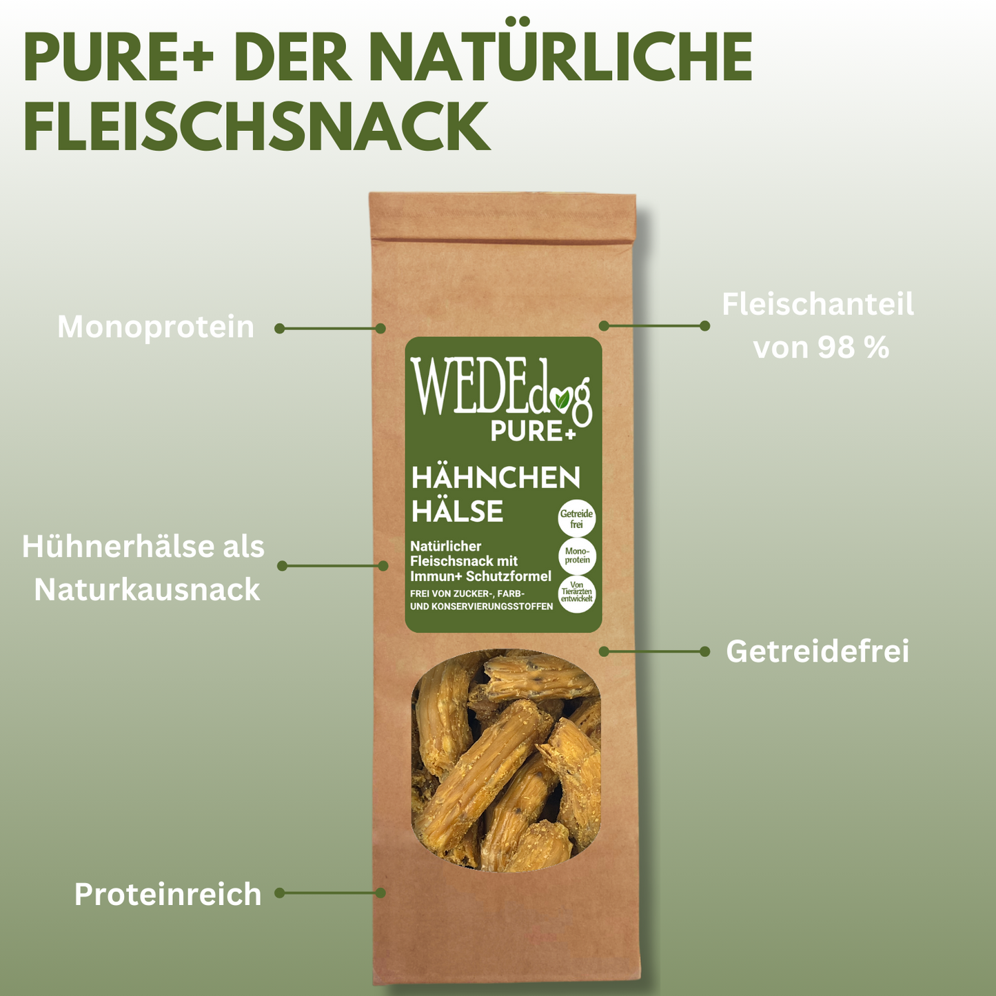 Getrocknete Hähnchenhälse für Hunde mit Immun+ Schutzformel I WEDEdog PURE+ Hähnchenhälse getrocknet I Hähnchenhälse Hund in Premium-Qualität I 150g