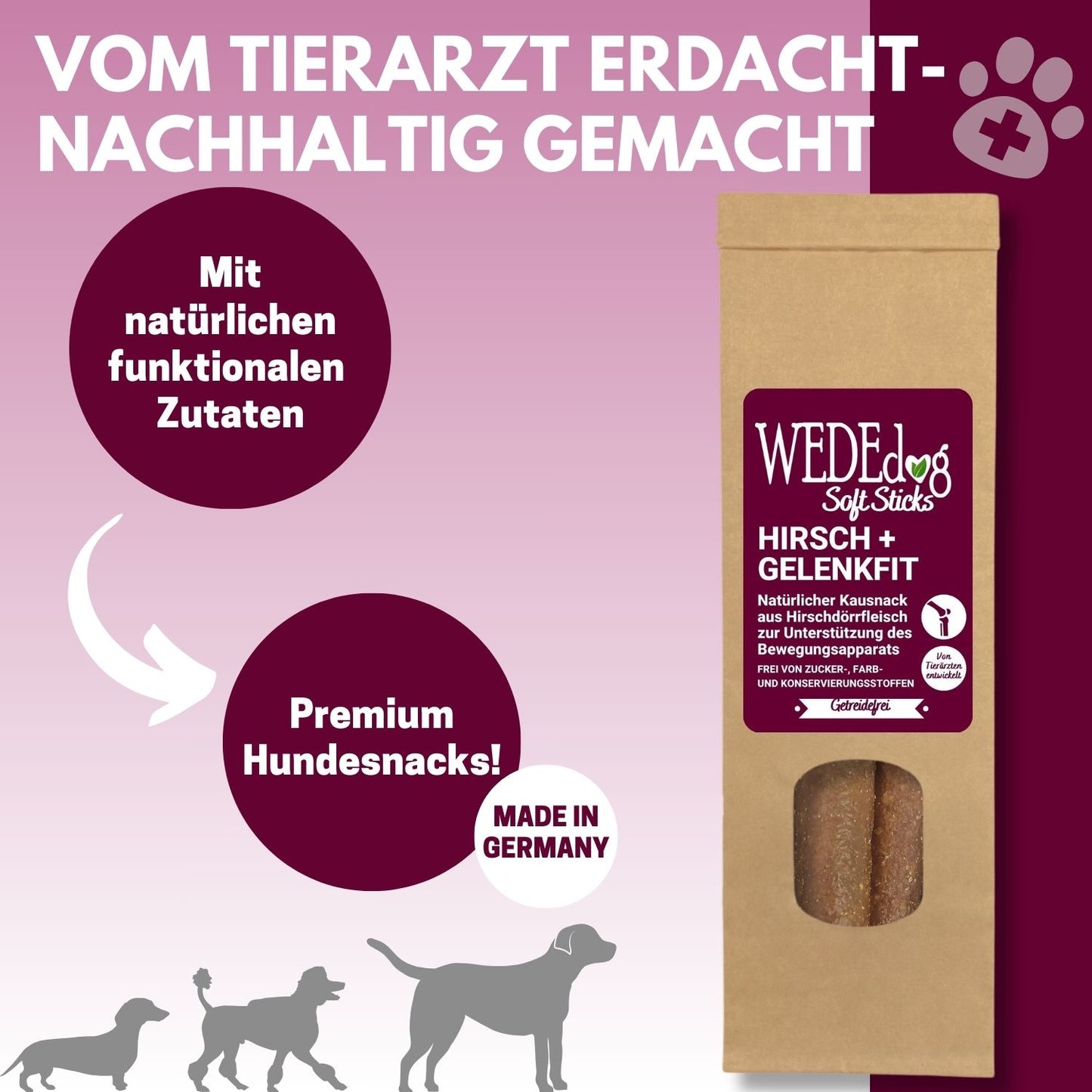 Natürliche Kausnacks für Hunde I Hundegelenke stärken I WEDEdog SOFT Sticks Hirsch + Gelenkfit I Premium Kausticks für Hunde I 110g
