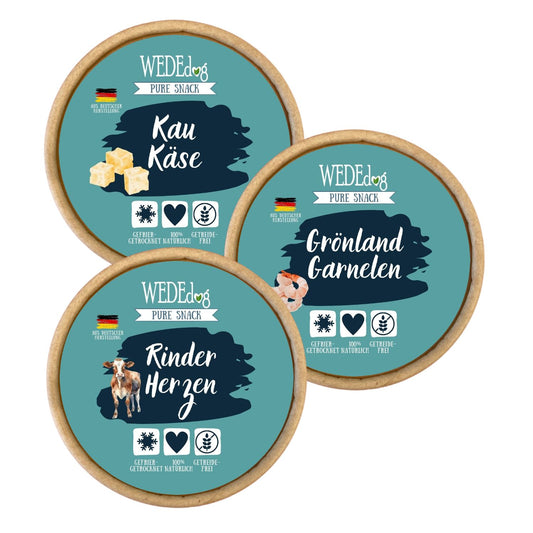 WedeDog Deluxe Pure Snack-Set: Gefriergetrocknet I Kau Käse, Grönland Garnelen & Rinderherzen - Natürlich & Gesund